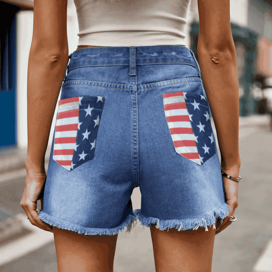 US Flag Distressed Denim Shorts Sunset and Swim   