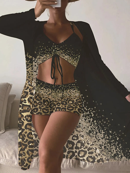 Leopard Djungle Dreams 3 Piece High Waist Bikini Set  Sunset and Swim Black XL 