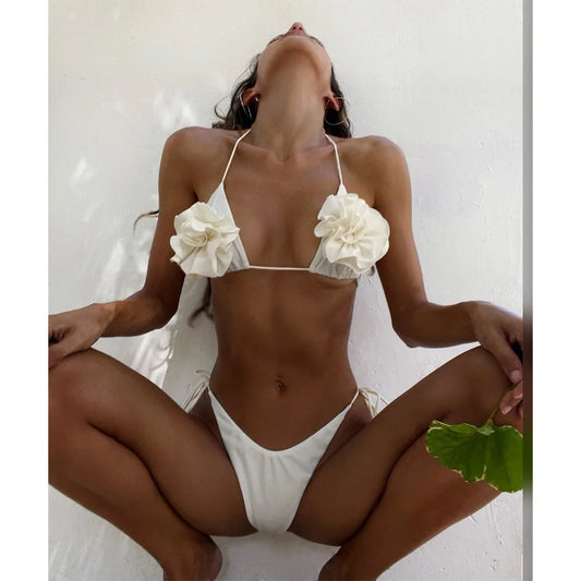 Blooming Paradise Brazilian 3D Floral Bikini  Sunset and Swim White S 