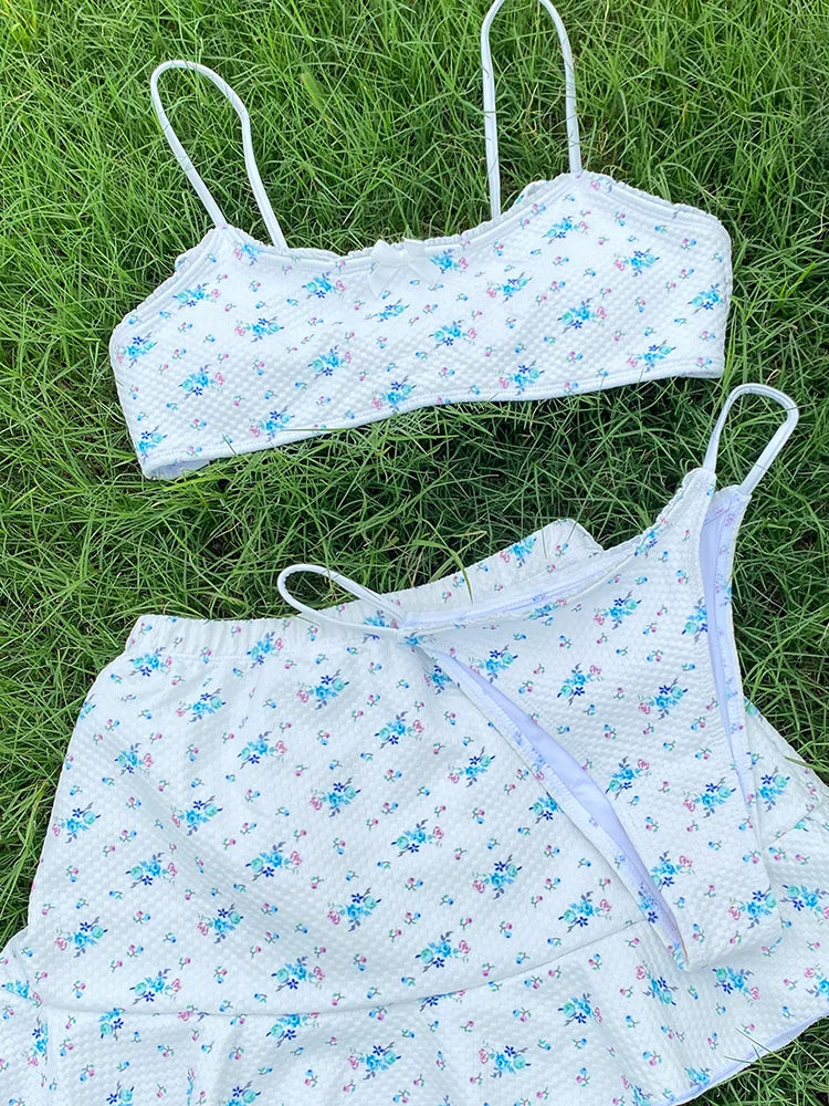 Sweet Summer Floral Bow Bikini Set with Skirt Sunset and Swim White S 