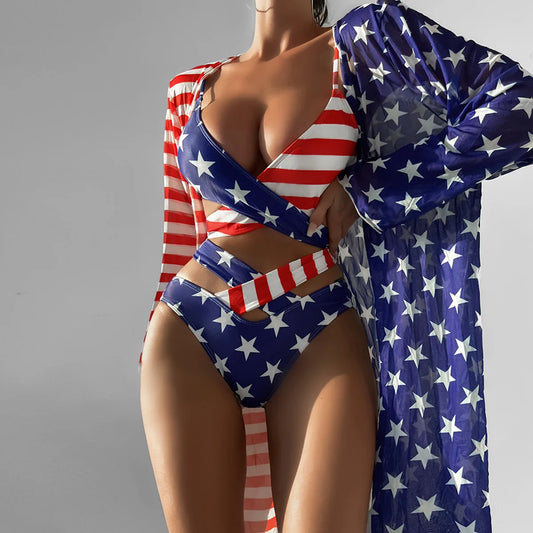 Swimming Suit for Women  American Flag, Bikini Three Piece Set, Split Swimsuit, Women's Slimming Star Stripe Flag Swimsuit  Sunset and Swim American Flag S 