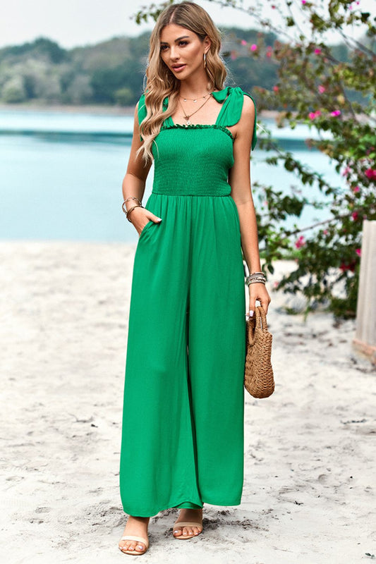 Sunset and Swim  Frill Trim Tie Shoulder Wide Leg Jumpsuit with Pockets Sunset and Swim   