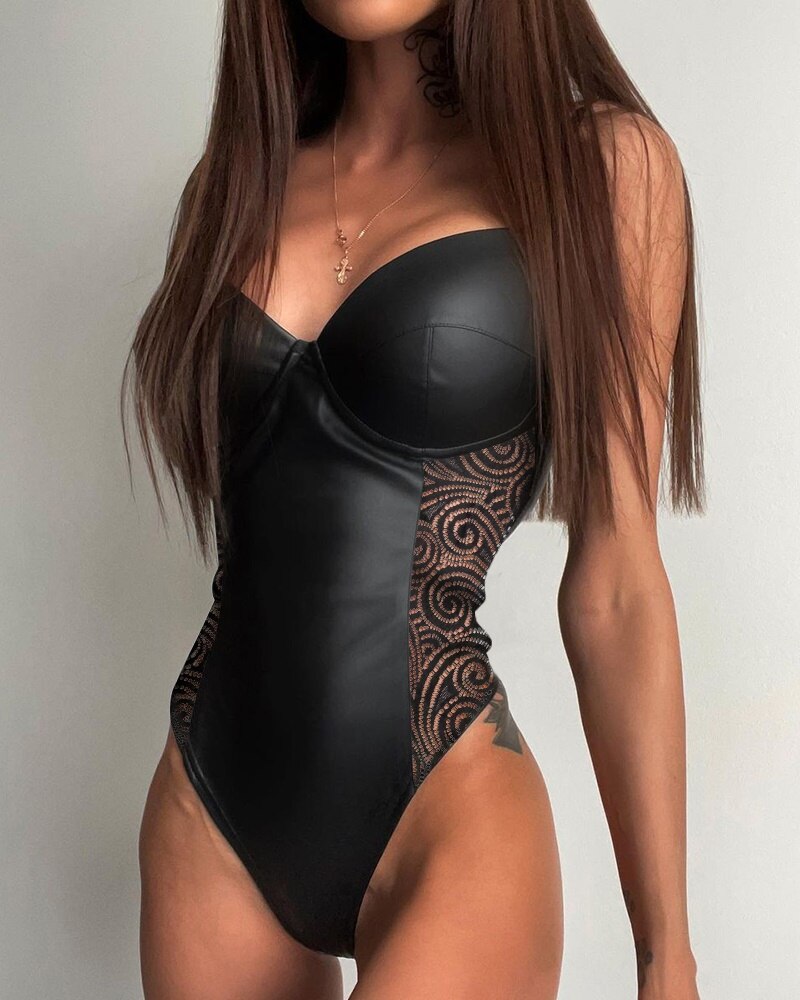 Limited Edition Lace Up PU Leather Lace Bodysuit Sunset and Swim Black-02 S 