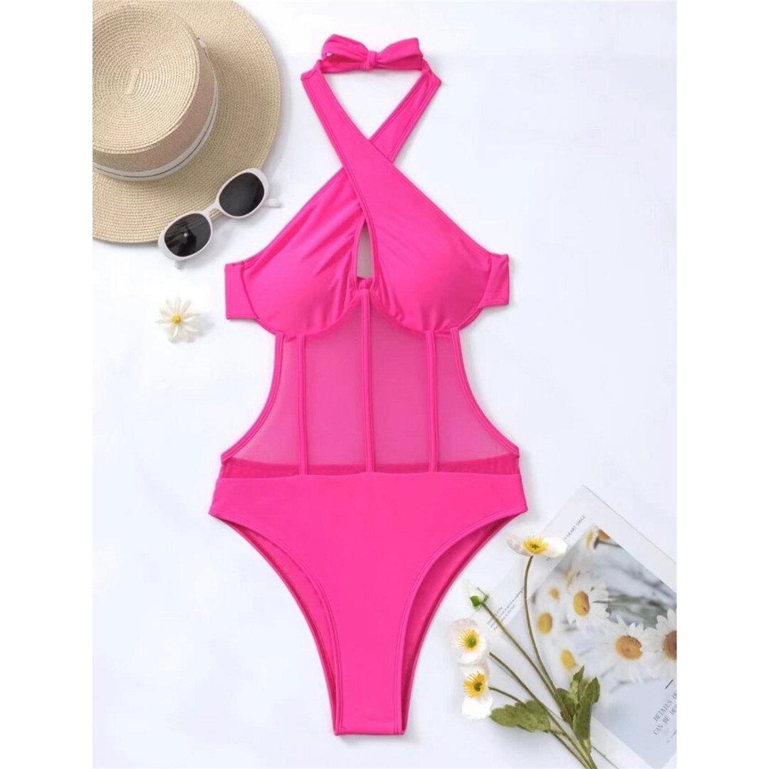 Coral Cove Cut-Out Halter Swimsuit Sunset and Swim Hot Pink S 