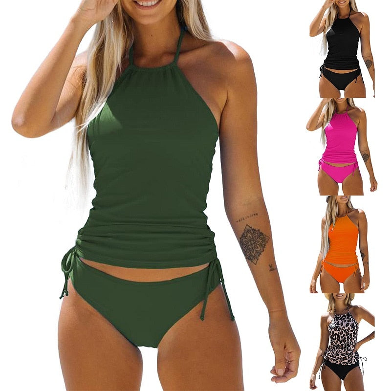 Two Piece Drawstring Ruched Side Halter Neck Tankini Set – Sunset and Swim