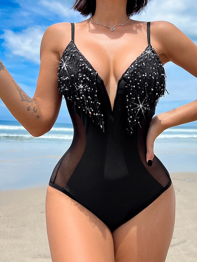 Slimming Design Bling Mesh Plunge Swimsuit – Sunset and Swim