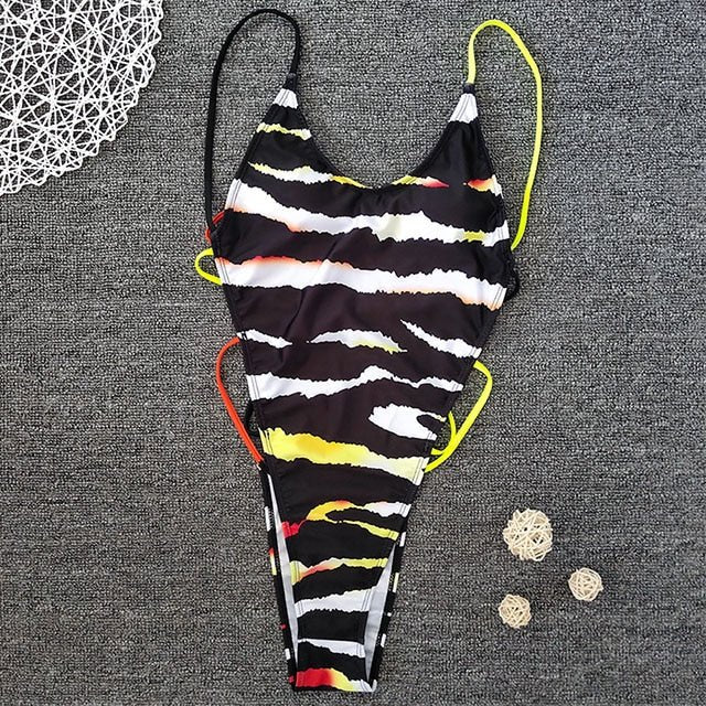 Alessa High Cut Thong Swimsuit One Piece G String Swimsuit  Sunset and Swim Black Zebra S 