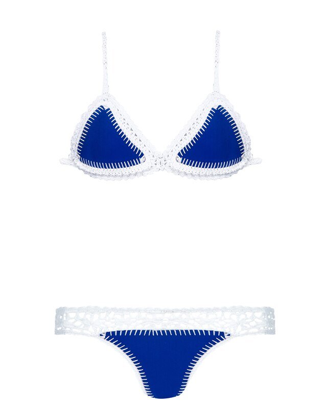 Bahamas Neoprene Crochet Brazilian Bikini Sunset and Swim Blue with white Small in USA size 