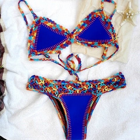 Bahamas Neoprene Crochet Brazilian Bikini Sunset and Swim Dark Blue as pic Small in USA size 