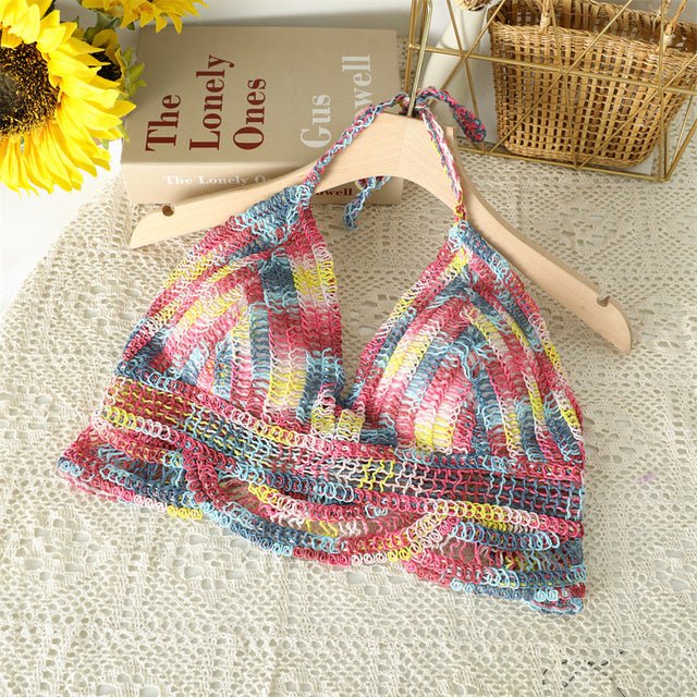 Boho Bohemian Summer Crochet Top Bikini Top Built in Bra Sunset and Swim n pink One Size 