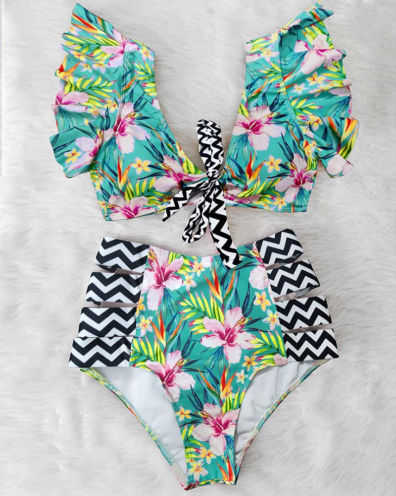 Floral Dreams Ruffled High Waist Bikini Set Sunset and Swim   
