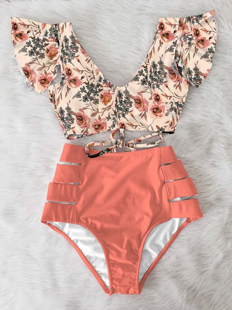Floral Dreams Ruffled High Waist Bikini Set Sunset and Swim NA19508P4 L 