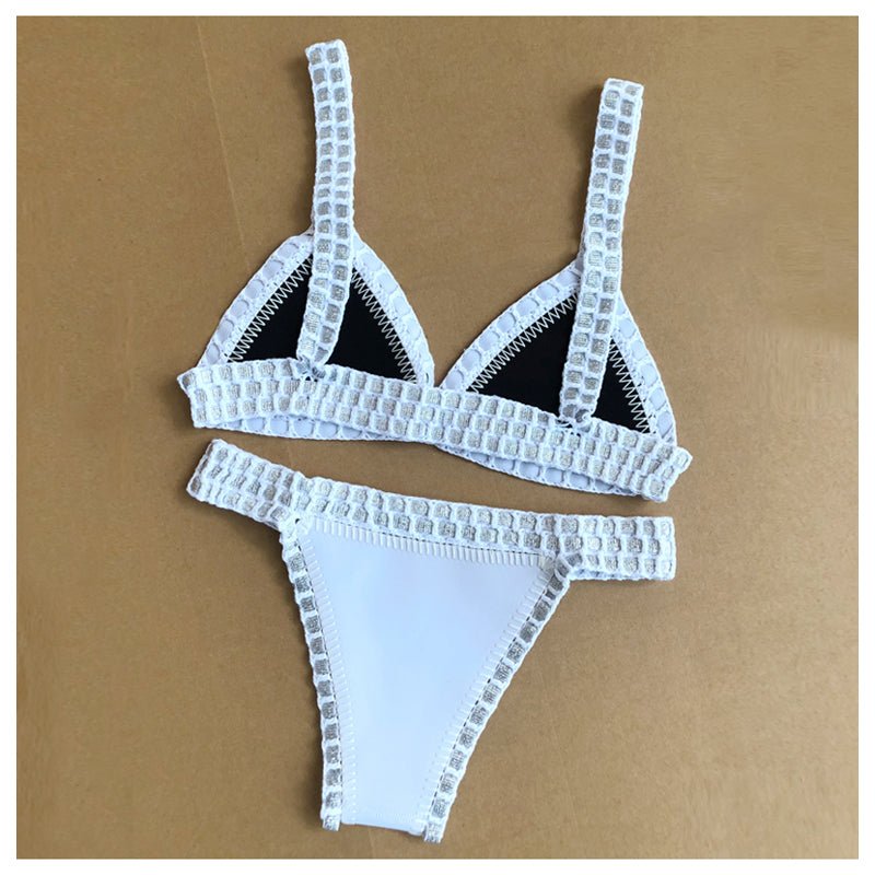 Italy Intense Sexy White Crochet Neoprene Triangle Bikini Set Sunset and Swim   