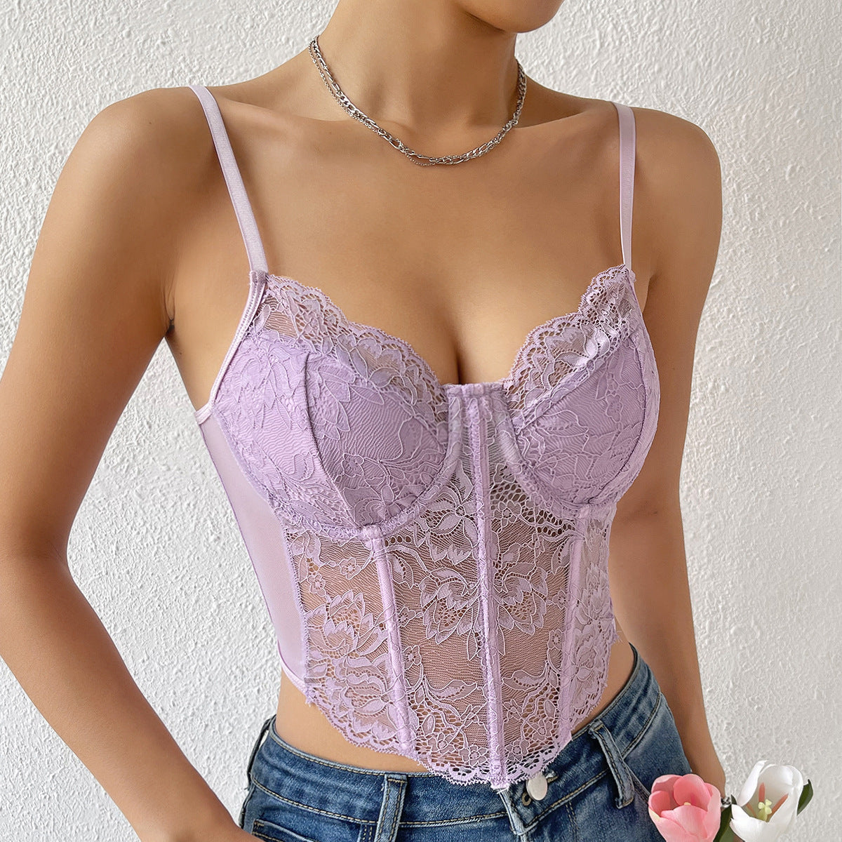 Sweetheart Neck Lace Detail Cami  Sunset and Swim Lavender XS 