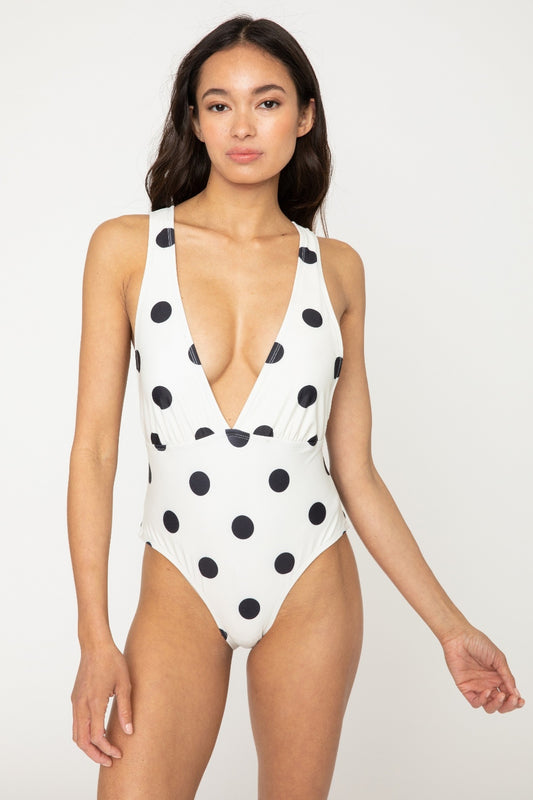 Marina West Swim Beachy Keen Polka Dot Tied Plunge One-Piece Swimsuit Sunset and Swim Ivory S 