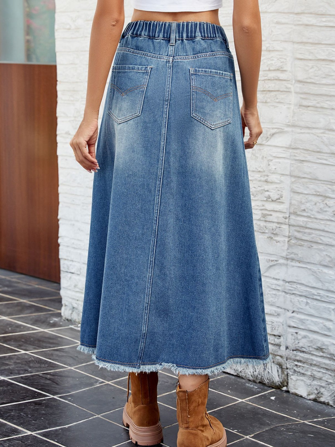 Raw Hem Buttoned Denim Skirt with Pockets  Sunset and Swim   