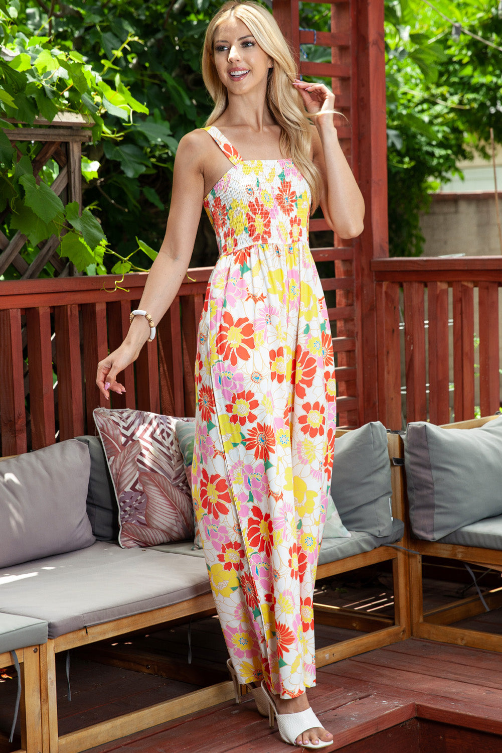 Floral Square Neck Smocked Wide Leg Jumpsuit Sunset and Swim   