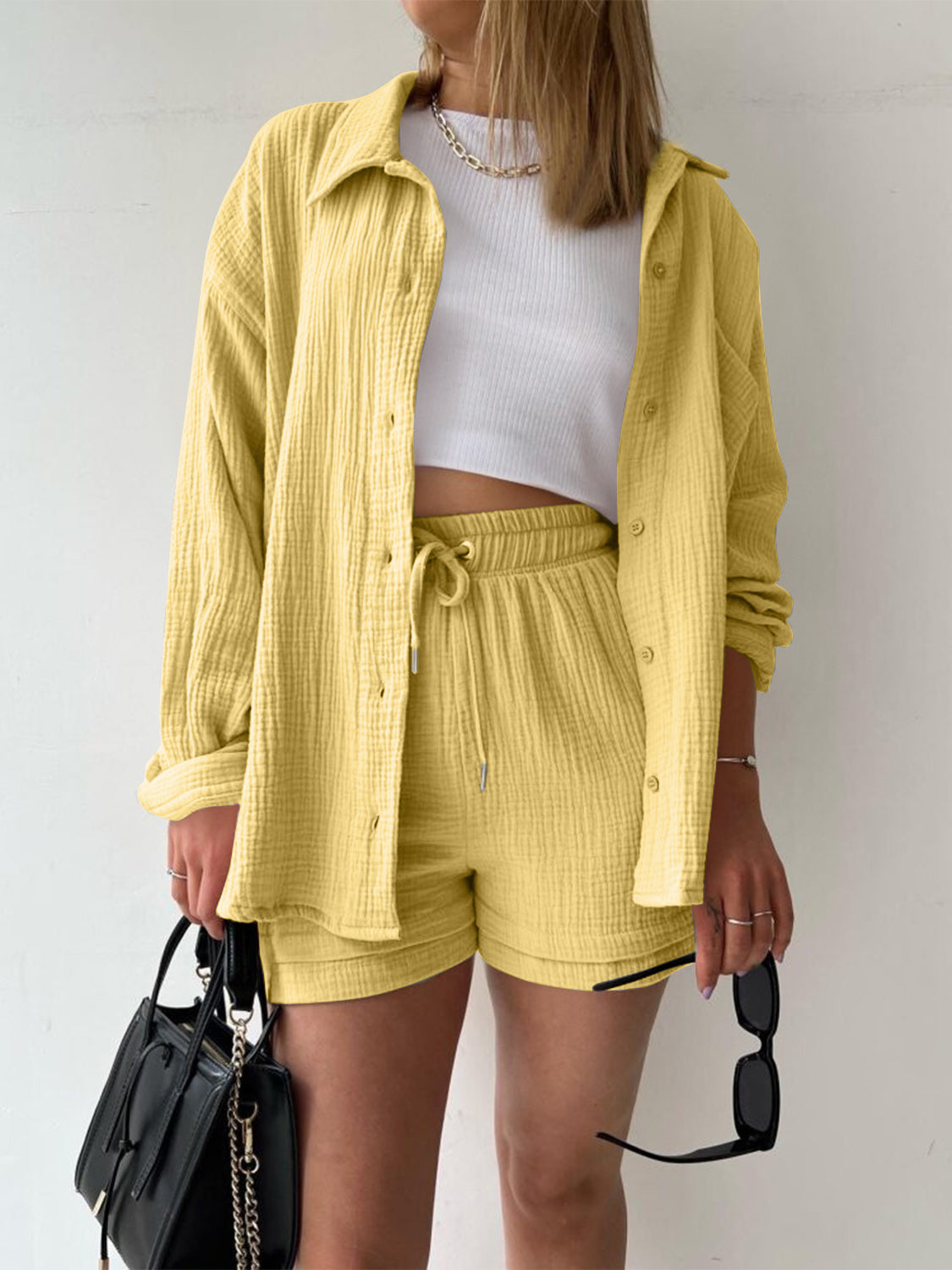 Sunset Vacation  Texture Button Up Shirt and Drawstring Shorts Set Sunset and Swim True Yellow S 