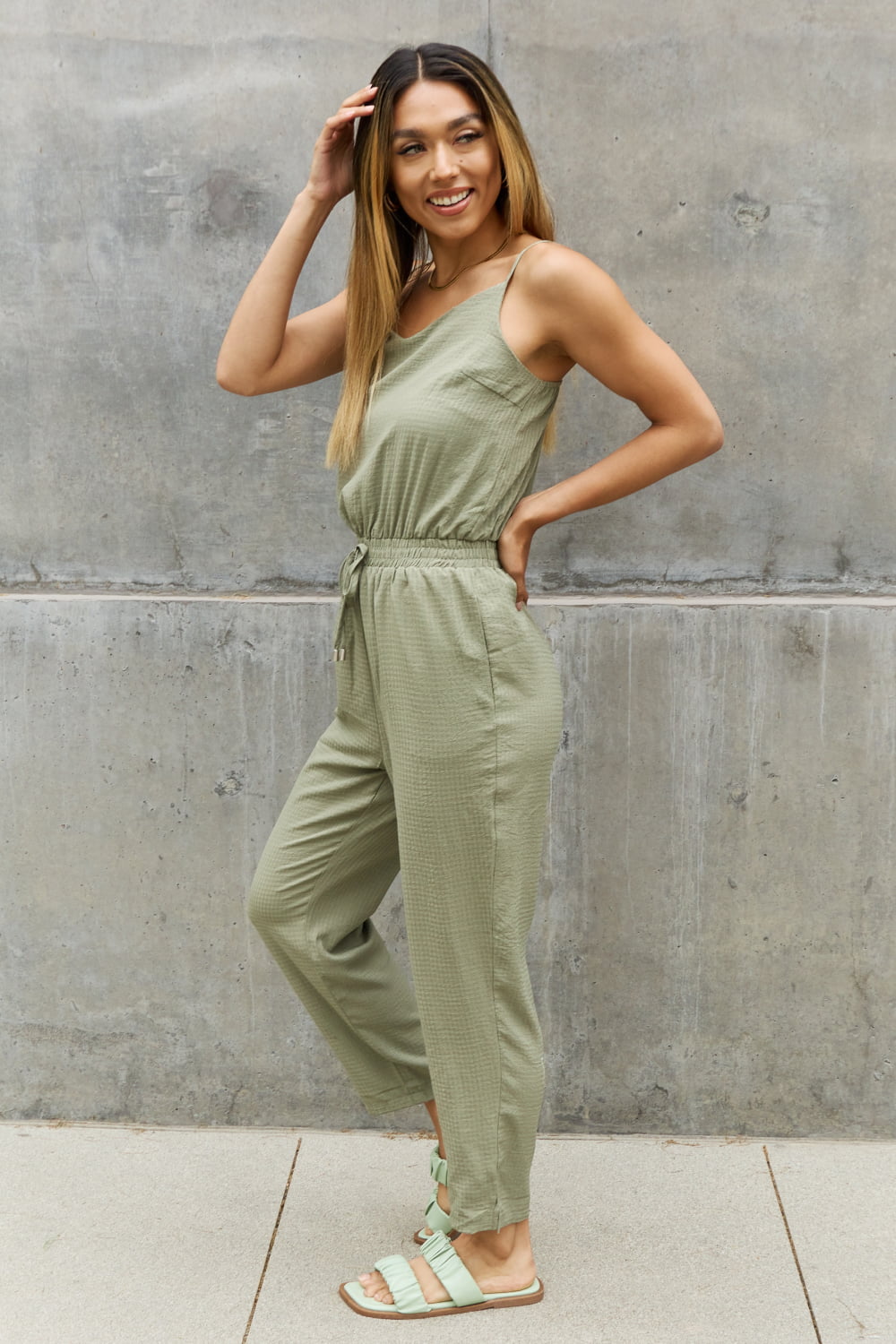 ODDI Full Size Textured Woven Jumpsuit in Sage  Sunset and Swim   