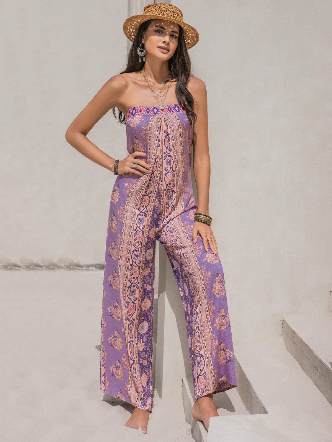 Sunset and Swim  Tied Printed Tube Wide Leg Jumpsuit Sunset and Swim   