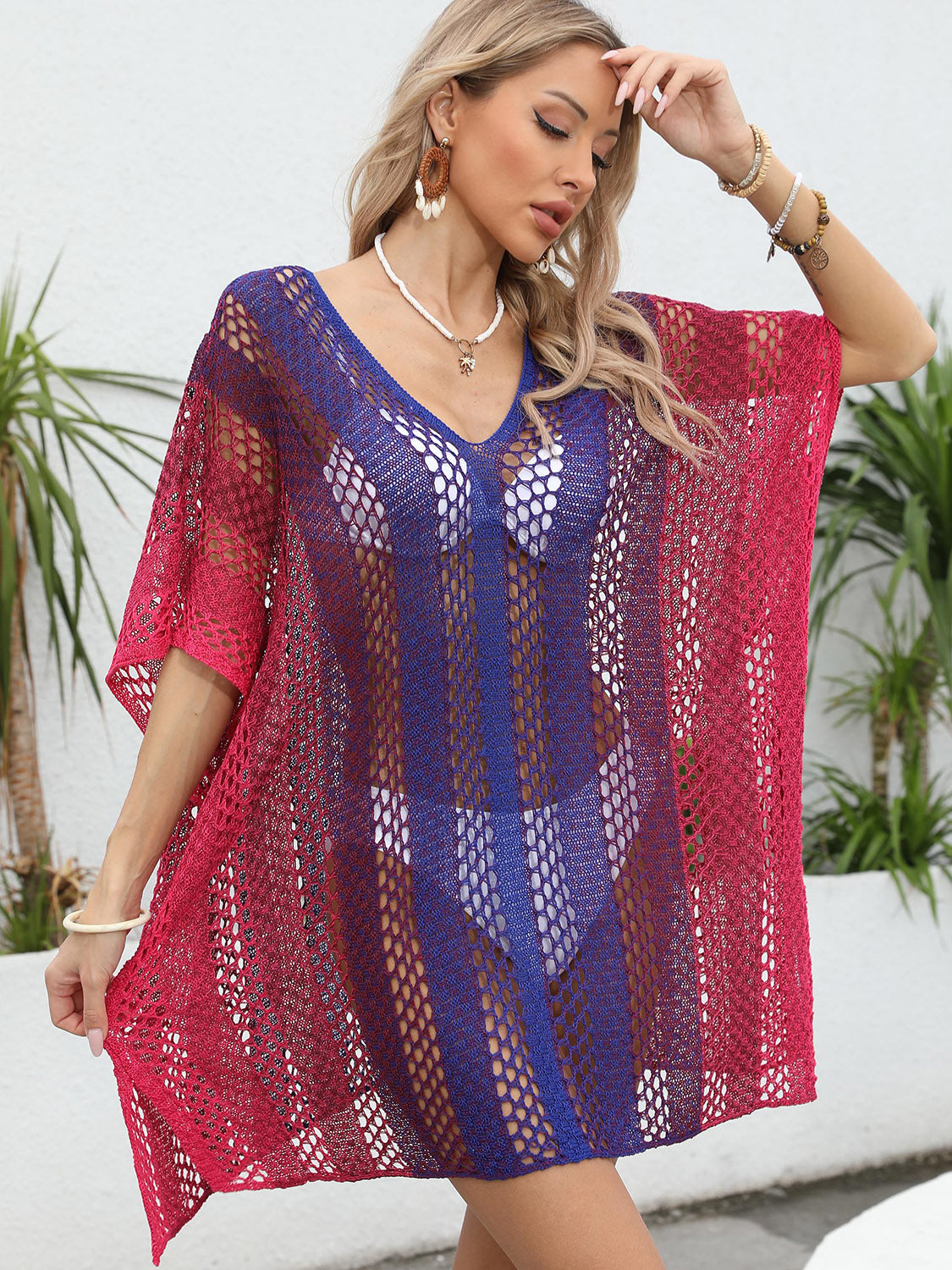 Sunset Vacation  Openwork Contrast V-Neck Beach Cover Up Sunset and Swim   