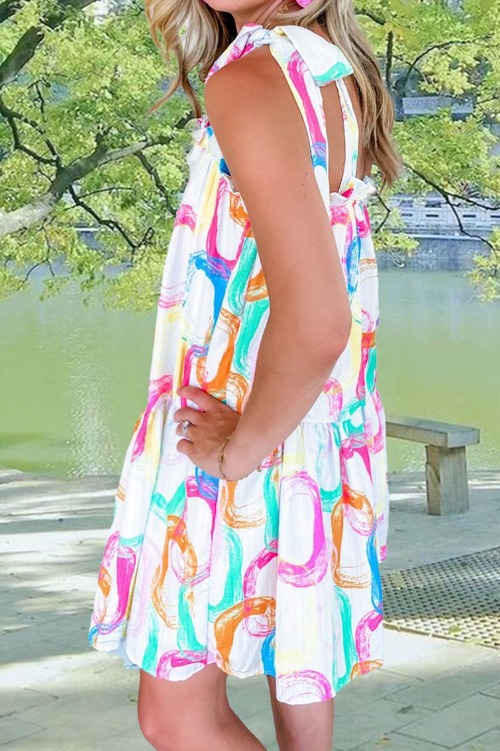 Sunset Vacation Tied Printed Sleeveless Mini Dress Sunset and Swim   