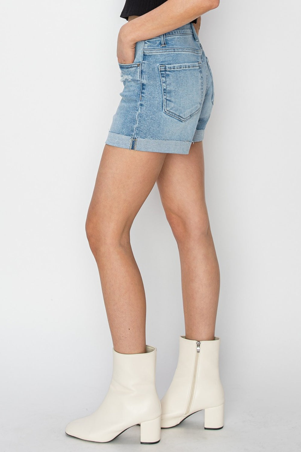 RISEN Distressed Mid-Rise Waist Denim Shorts Sunset and Swim   