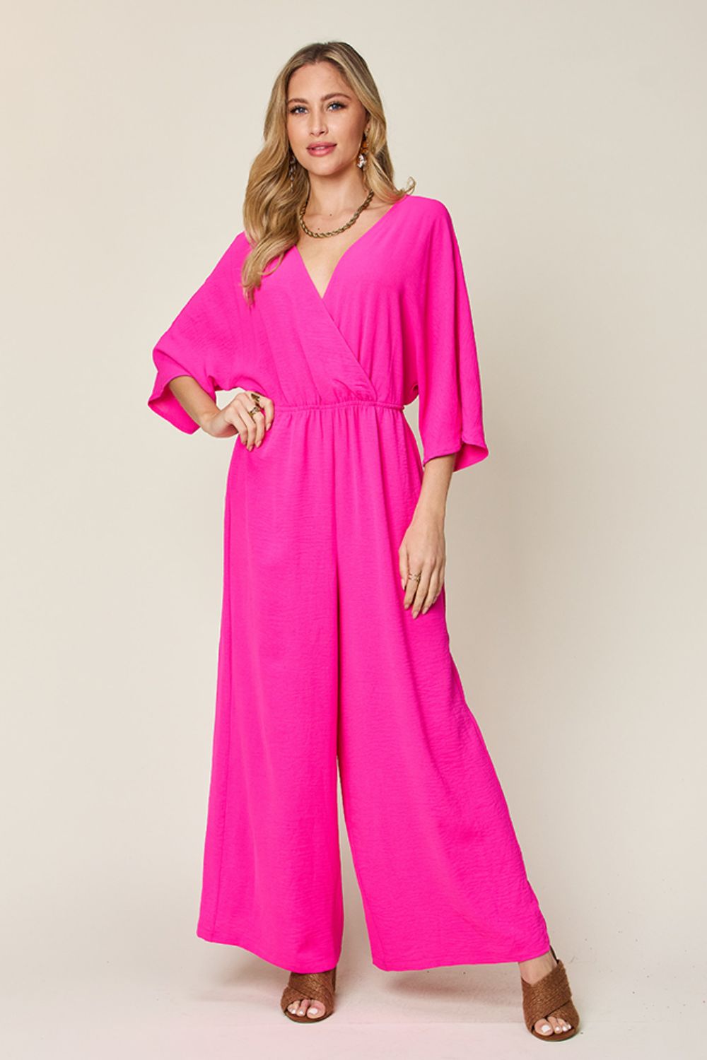 Sunset and Swim  Plus Size Half Sleeve Wide Leg Jumpsuit Sunset and Swim Hot Pink S 