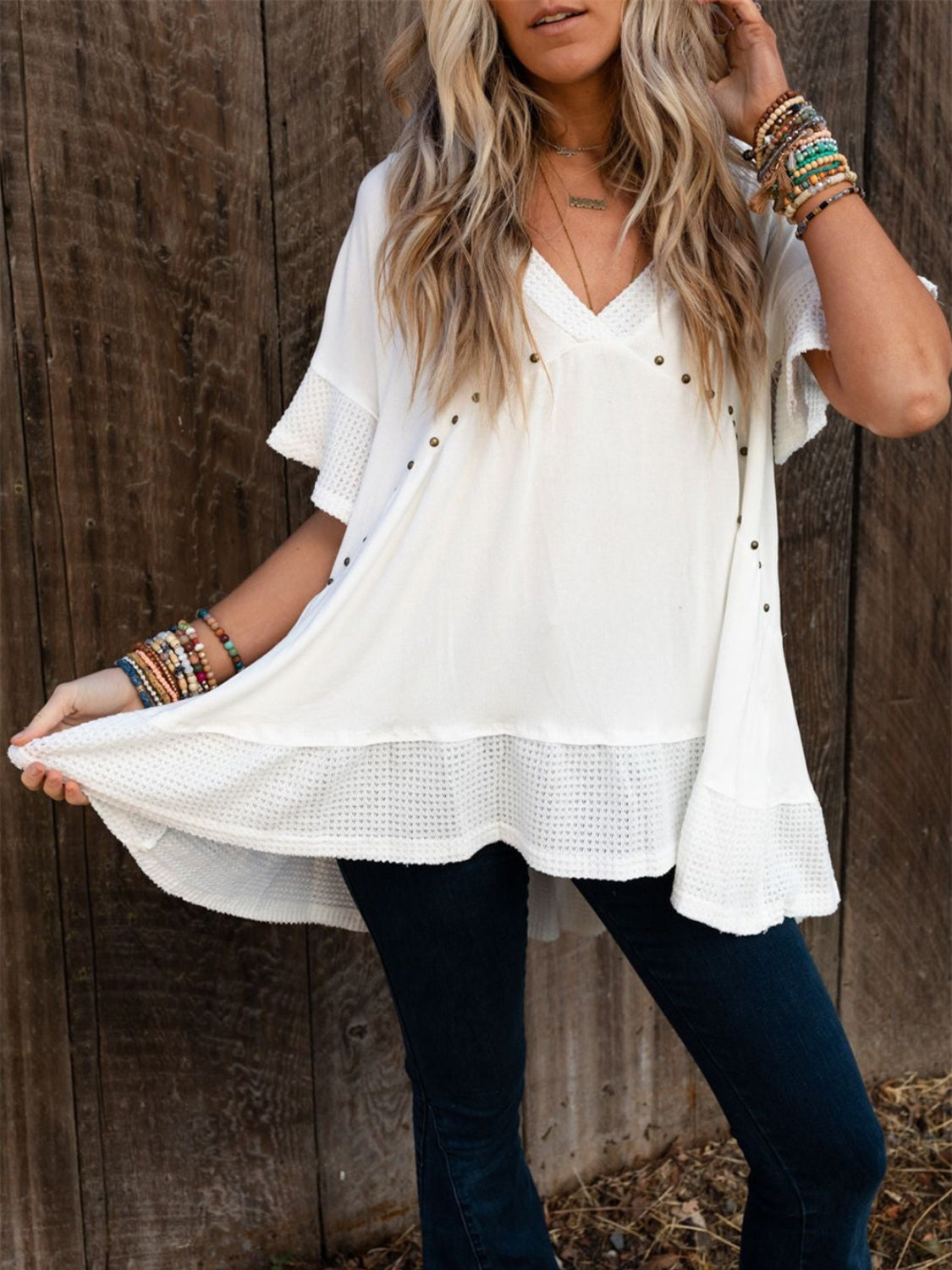 Studded V-Neck Half Sleeve Top Sunset and Swim   