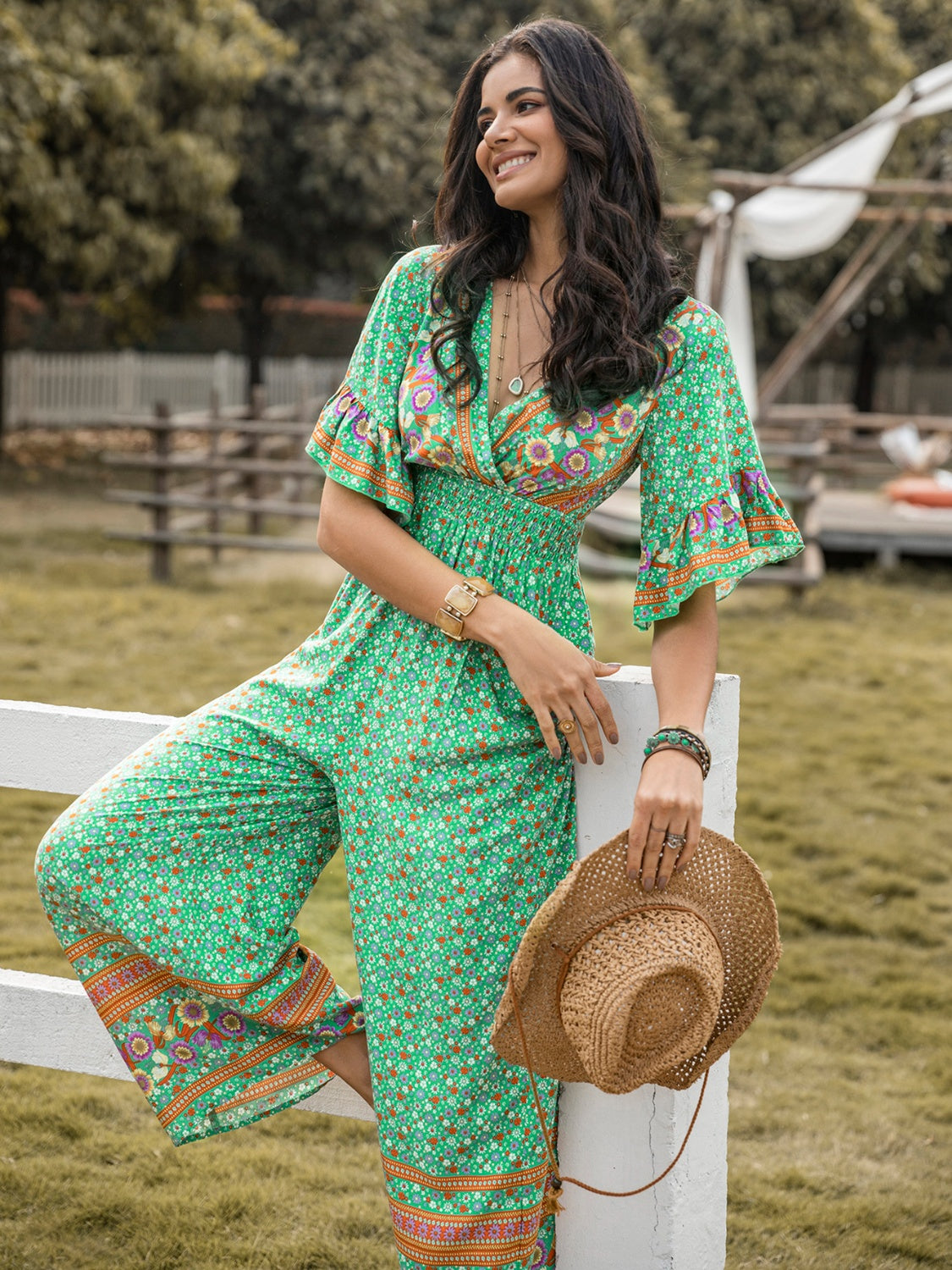 Floral Surplice Flutter Sleeve Jumpsuit Sunset and Swim   