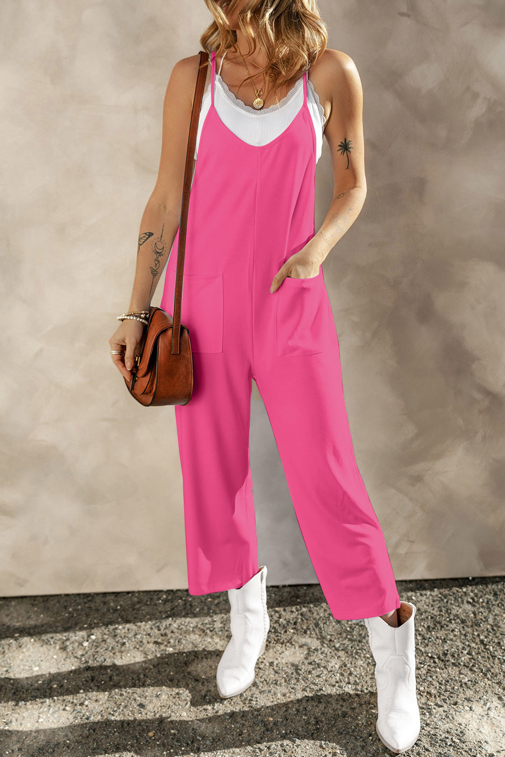 Sunset and Swim  Pocketed Spaghetti Strap Wide Leg Jumpsuit Sunset and Swim Hot Pink S 