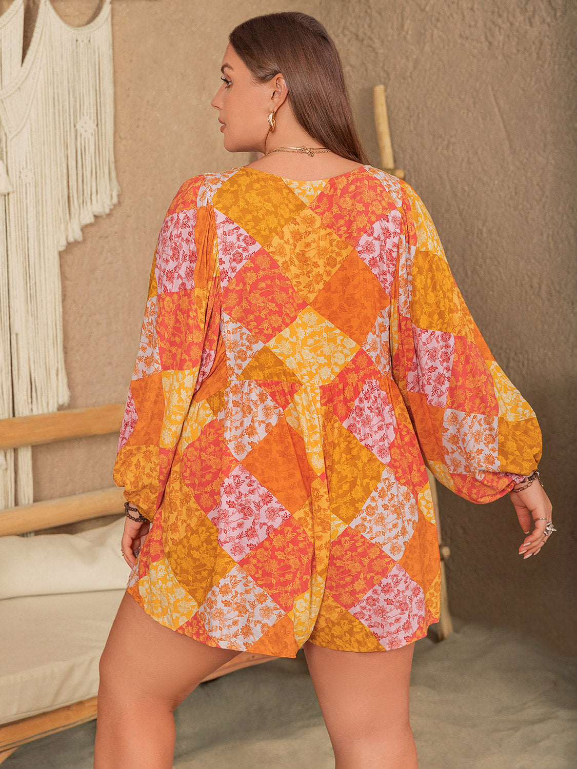 Plus Size Floral Tie Neck Balloon Sleeve Romper Sunset and Swim   