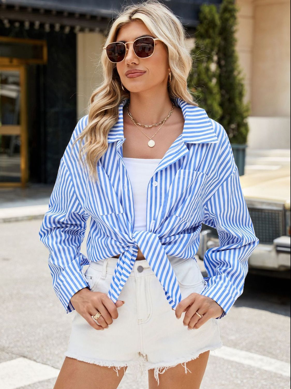 Striped Button Up Long Sleeve Shirt Sunset and Swim Sky Blue S 