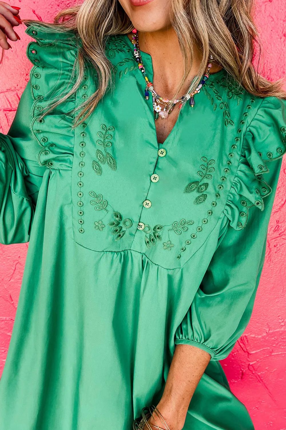 Sunset Vacation Embroidered Ruffled Notched Three-Quarter Sleeve Dress Sunset and Swim   