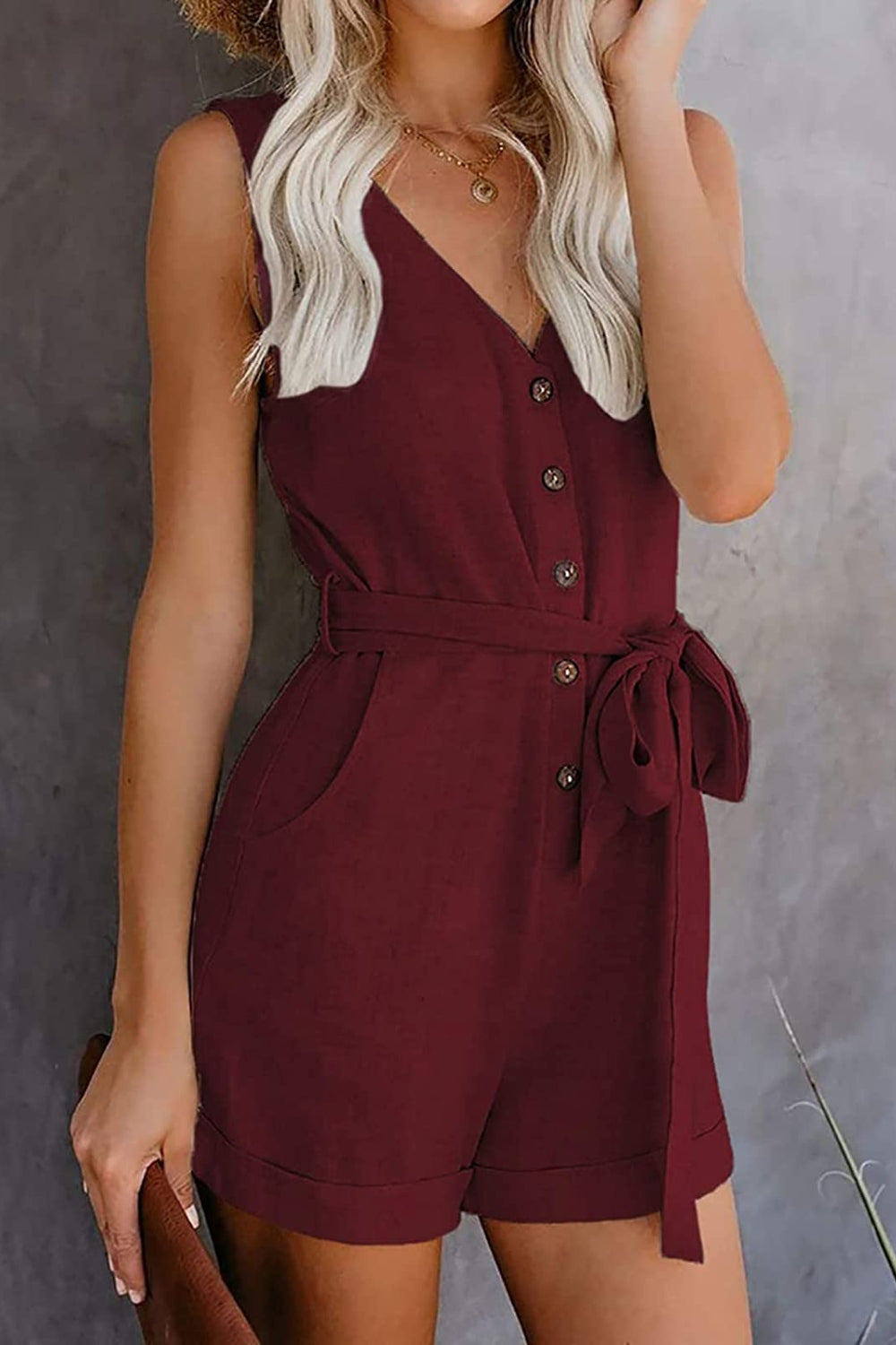 Plus Size Tied V-Neck Sleeveless Romper with Pockets Sunset and Swim Wine S 