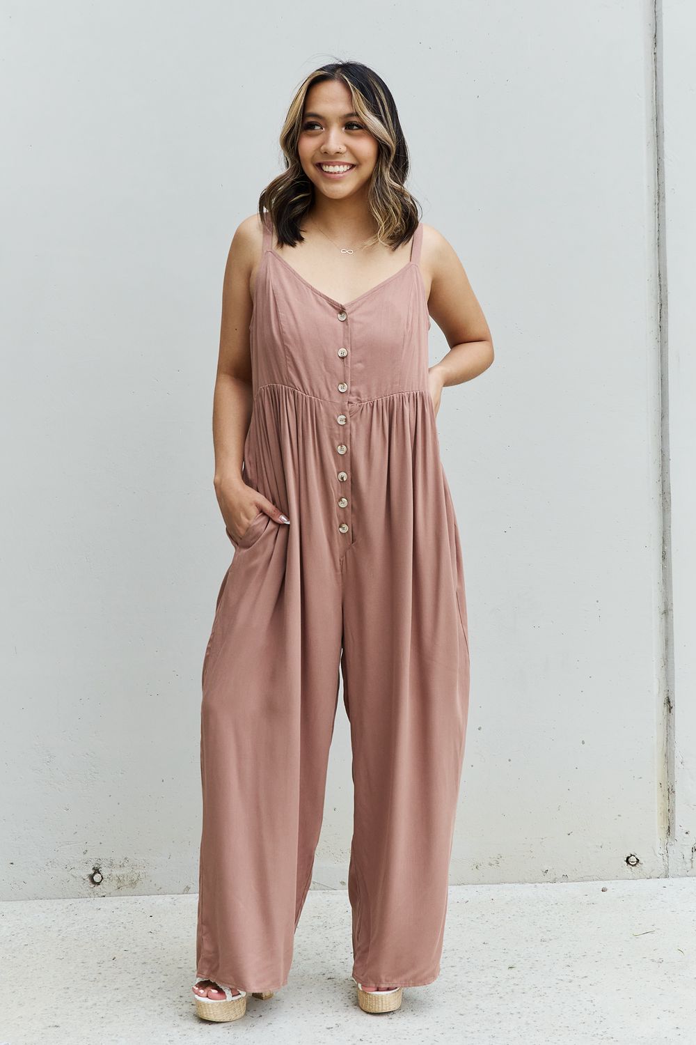 HEYSON All Day Full Size Wide Leg Button Down Jumpsuit in Mocha  Sunset and Swim   