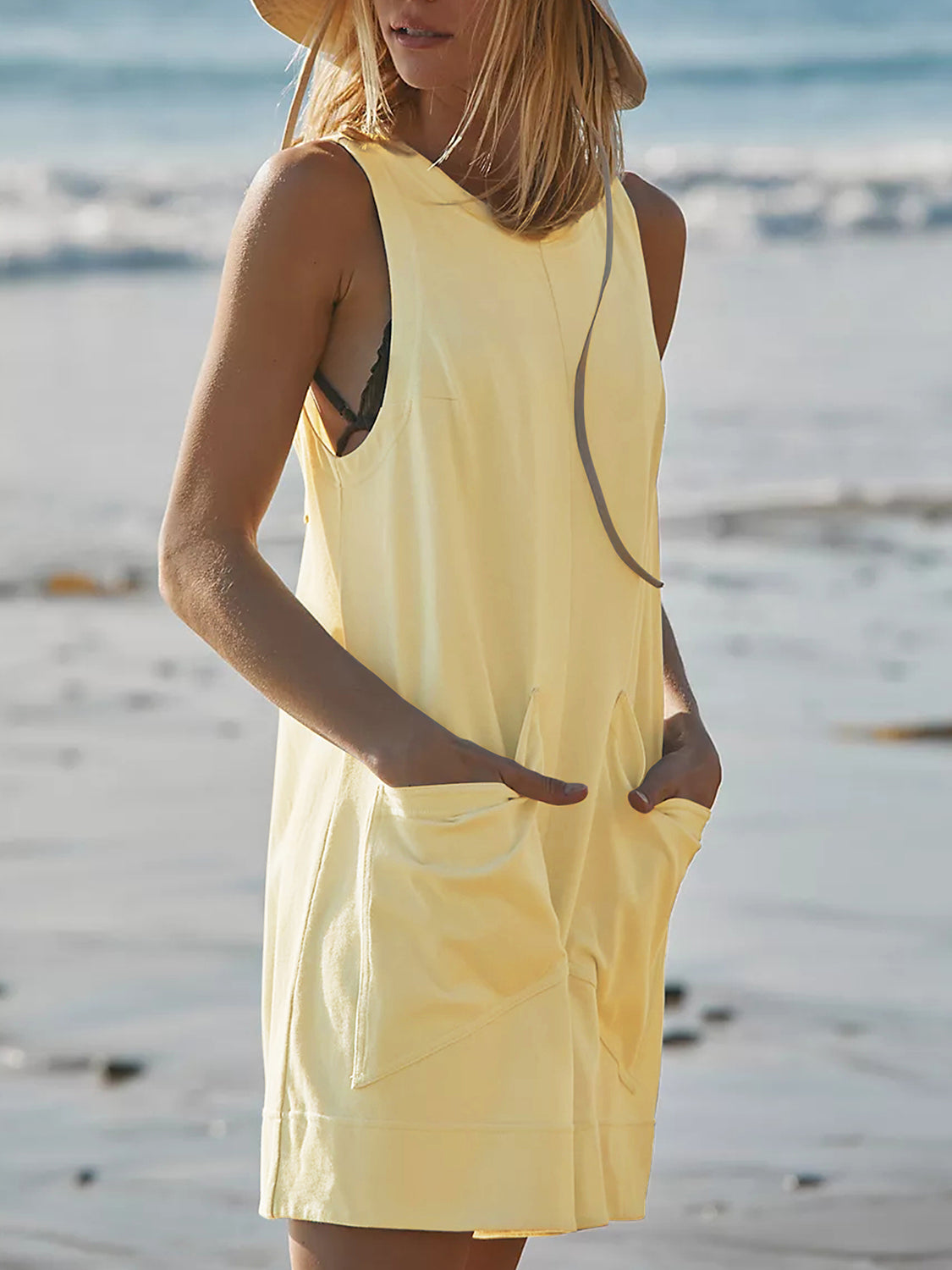 Round Neck Sleeveless Romper with Pockets Sunset and Swim   