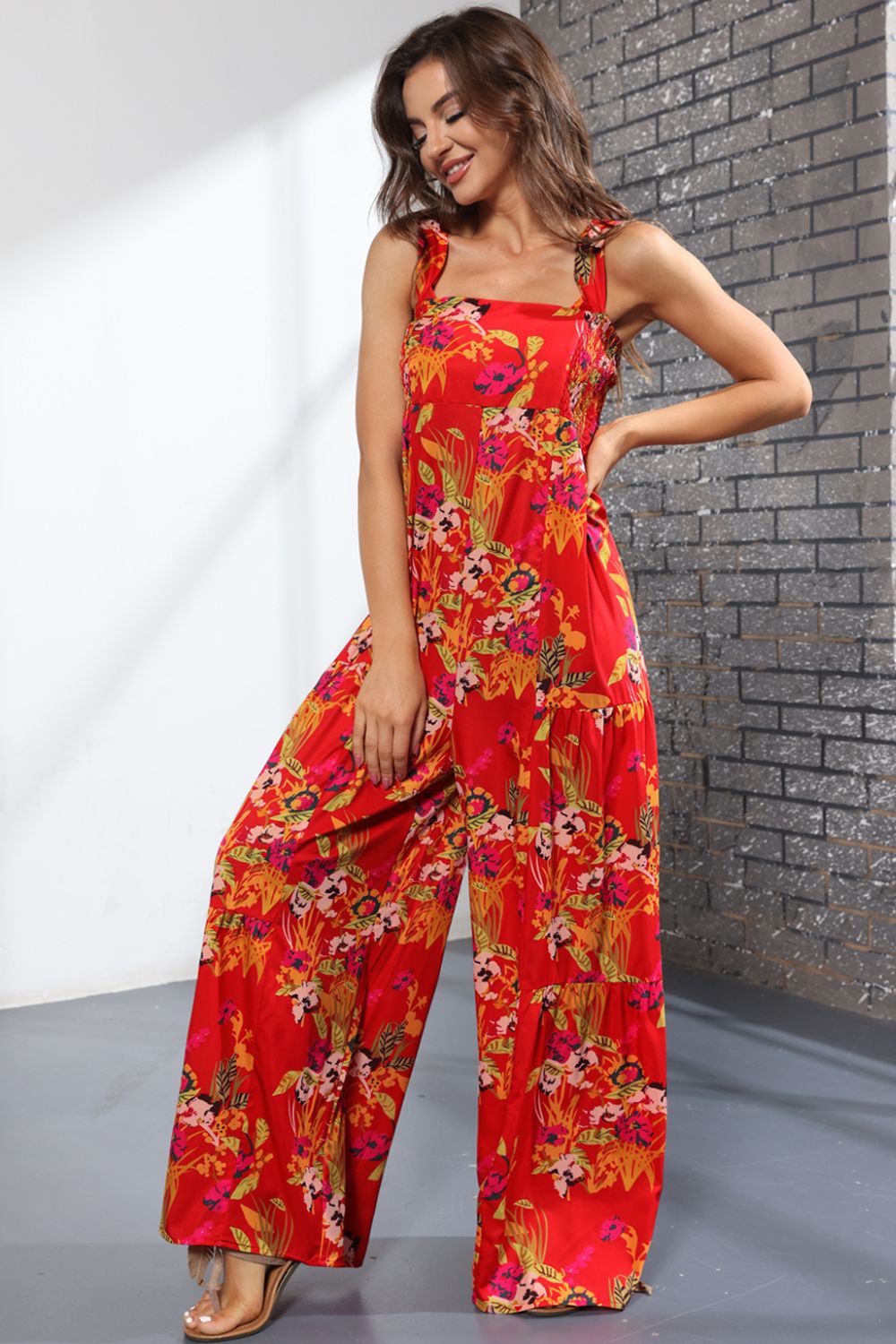 Floral Square Neck Wide Leg Jumpsuit Sunset and Swim   