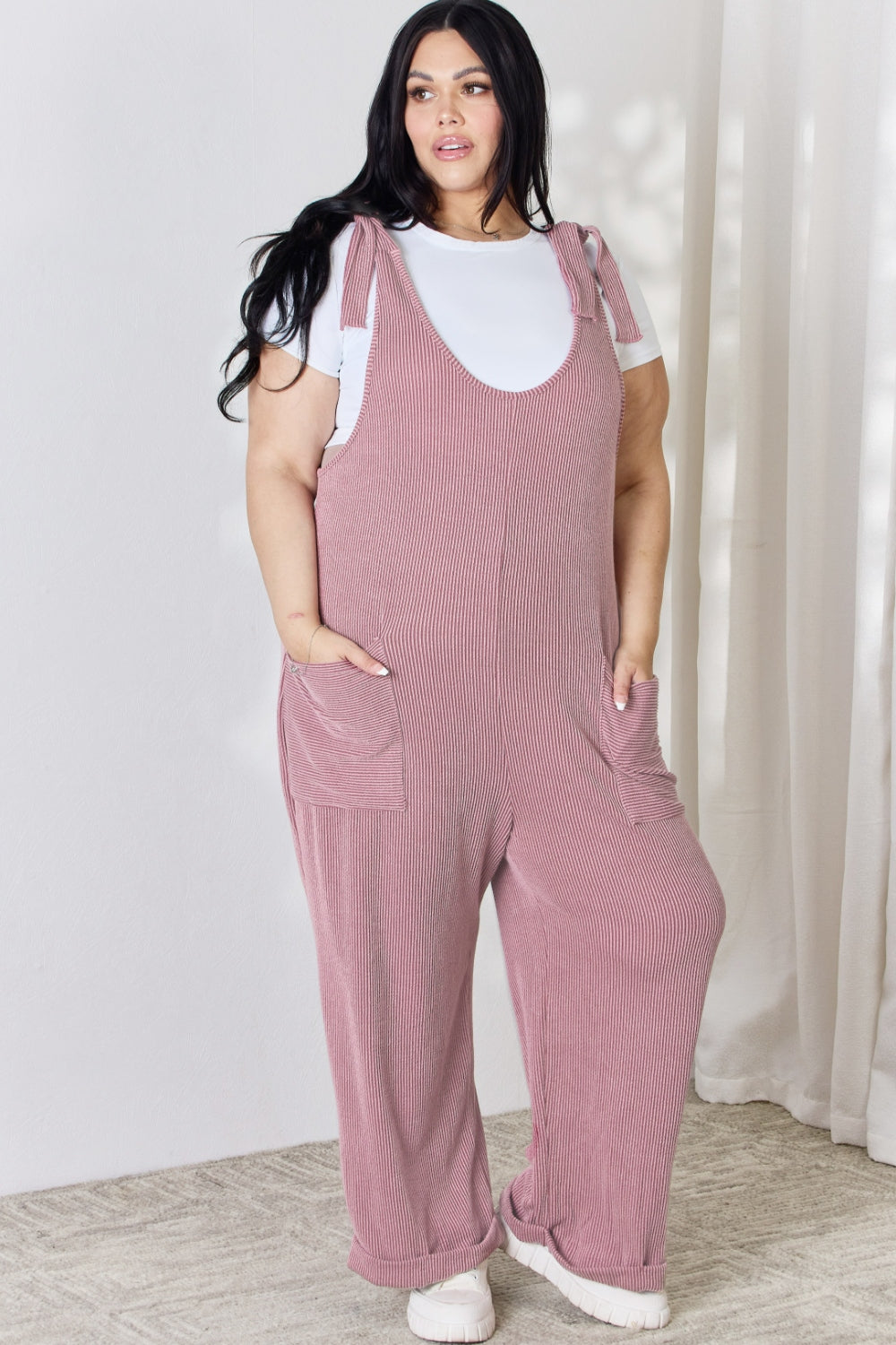 Celeste Plus Size Ribbed Tie Shoulder Sleeveless Ankle Overalls Sunset and Swim   