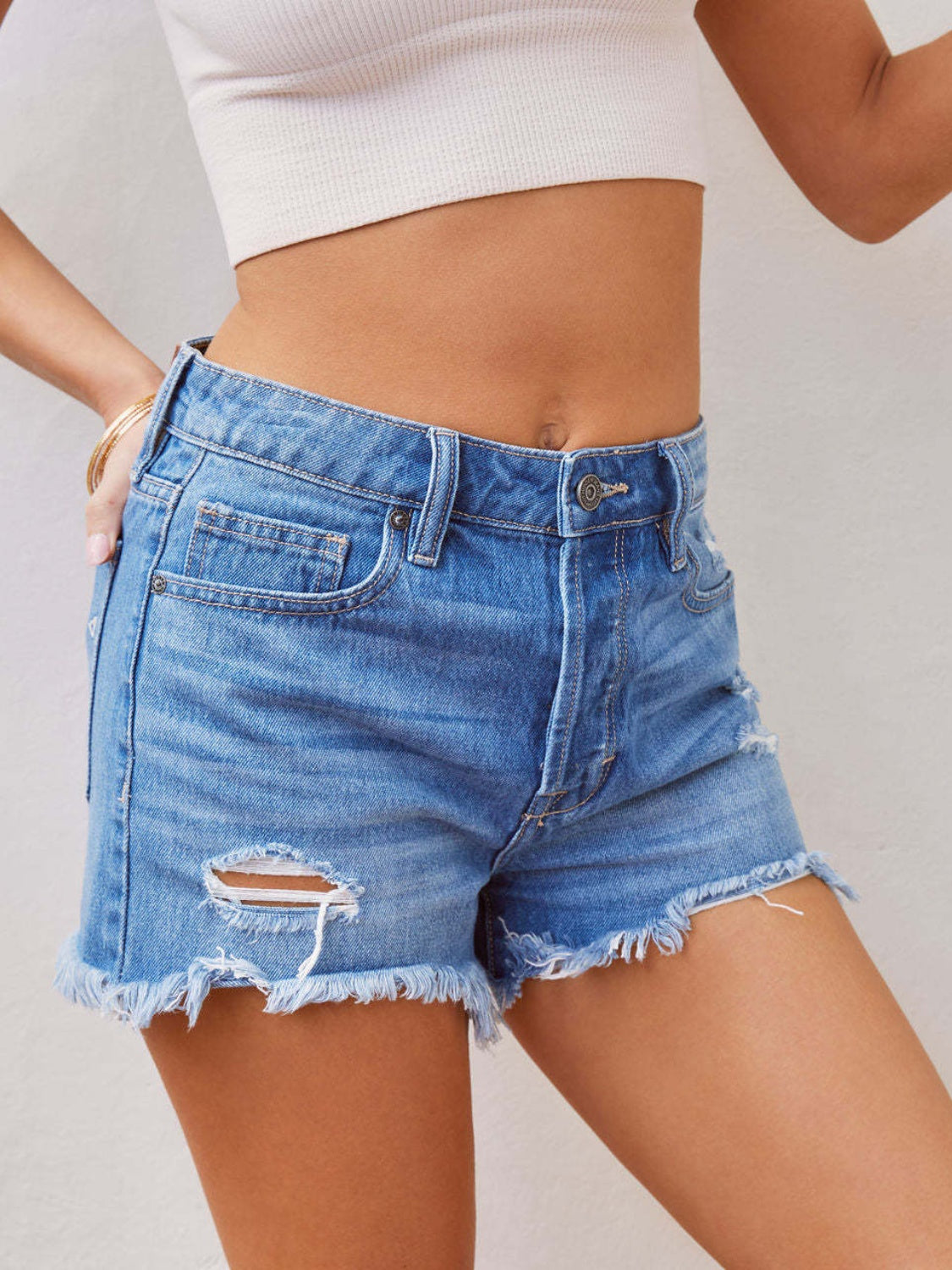 Distressed Raw Hem Denim Shorts Sunset and Swim   