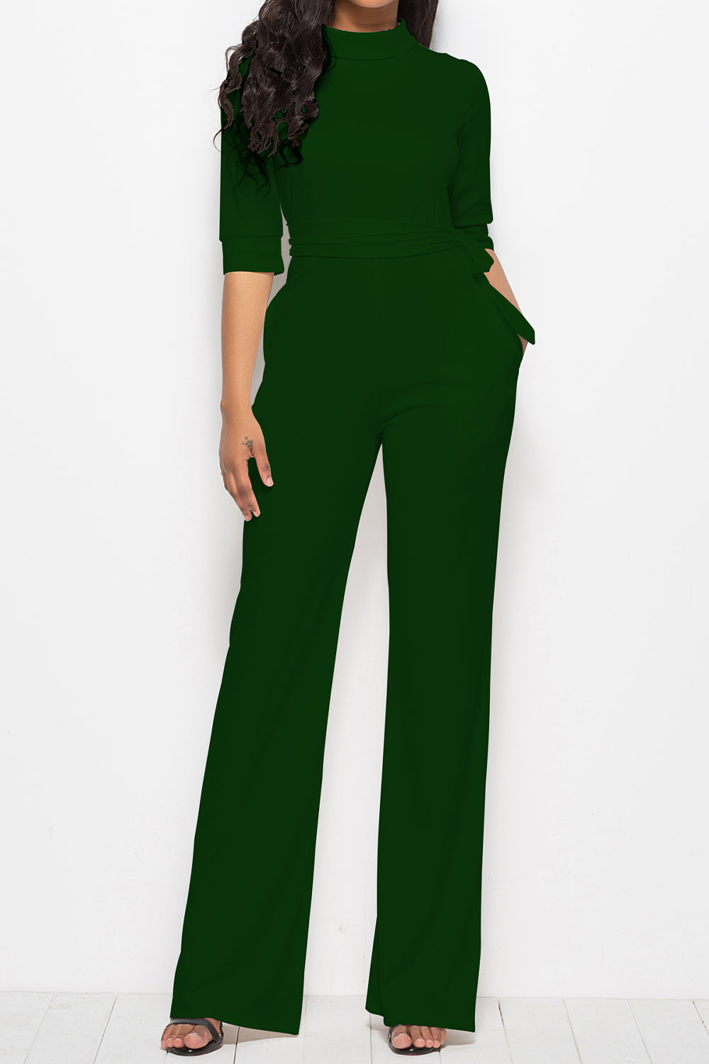 Mock Neck Tie-Waist Half Sleeve Jumpsuit Sunset and Swim Green S 