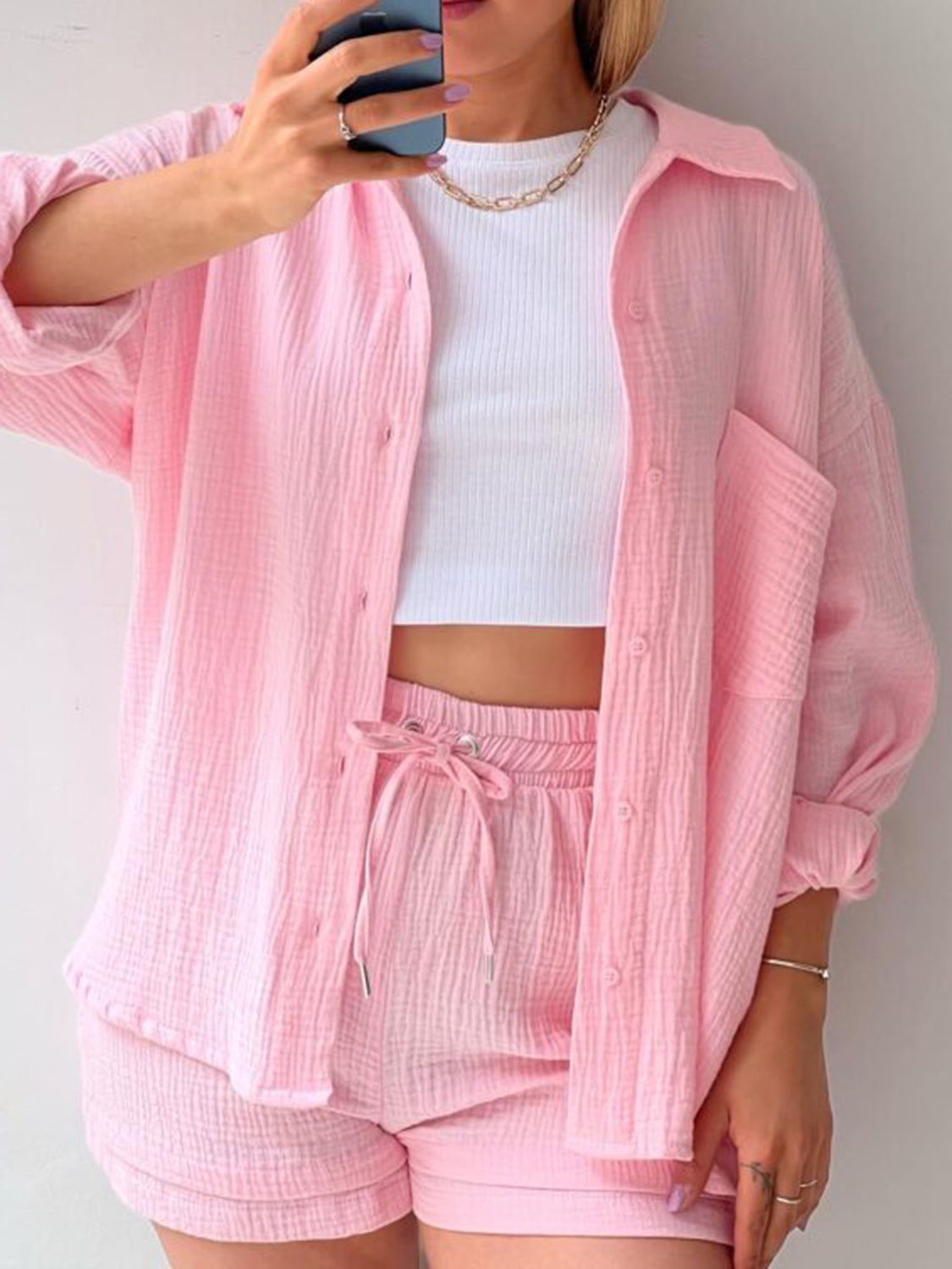 Sunset Vacation  Texture Button Up Shirt and Drawstring Shorts Set Sunset and Swim Blush Pink S 
