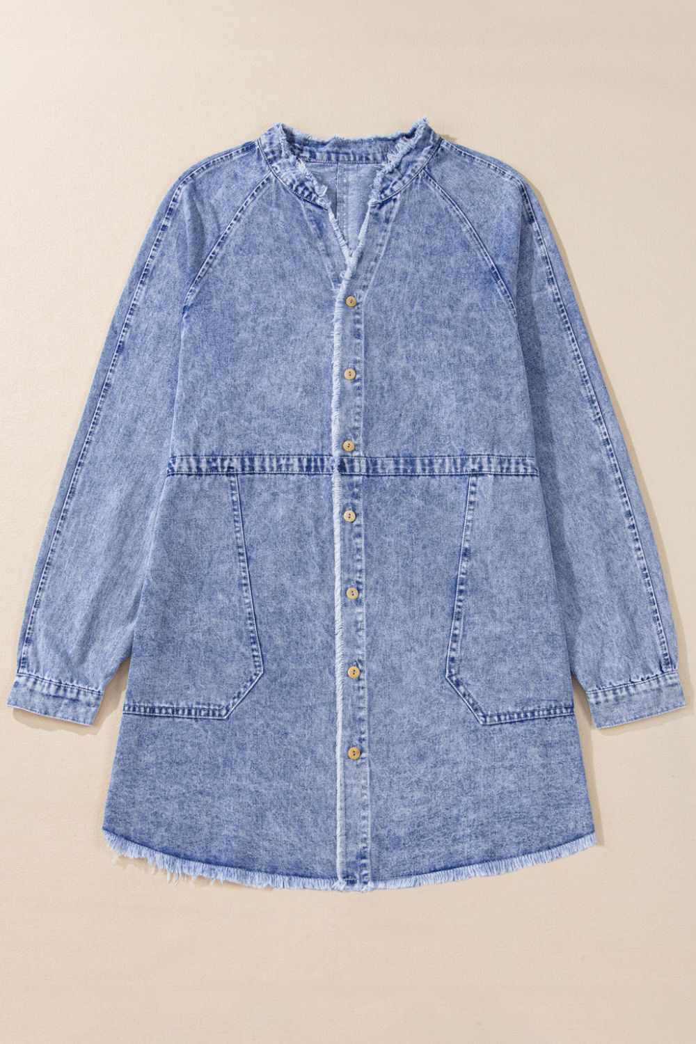 Raw Hem Button Down Long Sleeve Denim Dress Sunset and Swim   