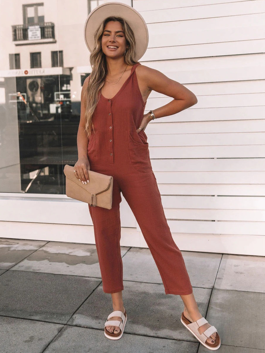 Sunset and Swim  Plus Size Scoop Neck Wide Strap Jumpsuit Sunset and Swim Brick Red S 