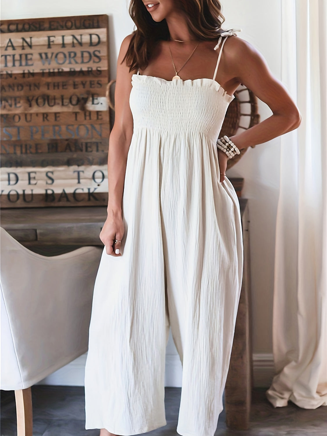 Plus Size Smocked Spaghetti Strap Wide Leg Jumpsuit Sunset and Swim   