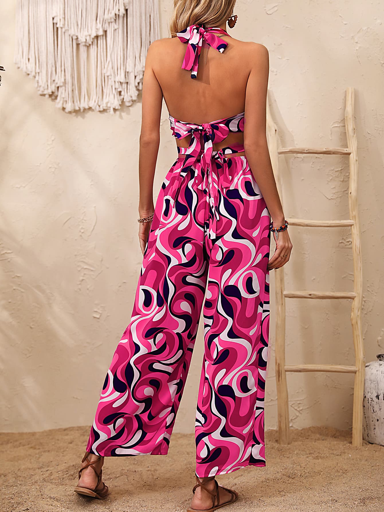 Abstract Print Halter Neck Cutout Wide Leg Jumpsuit Sunset and Swim   