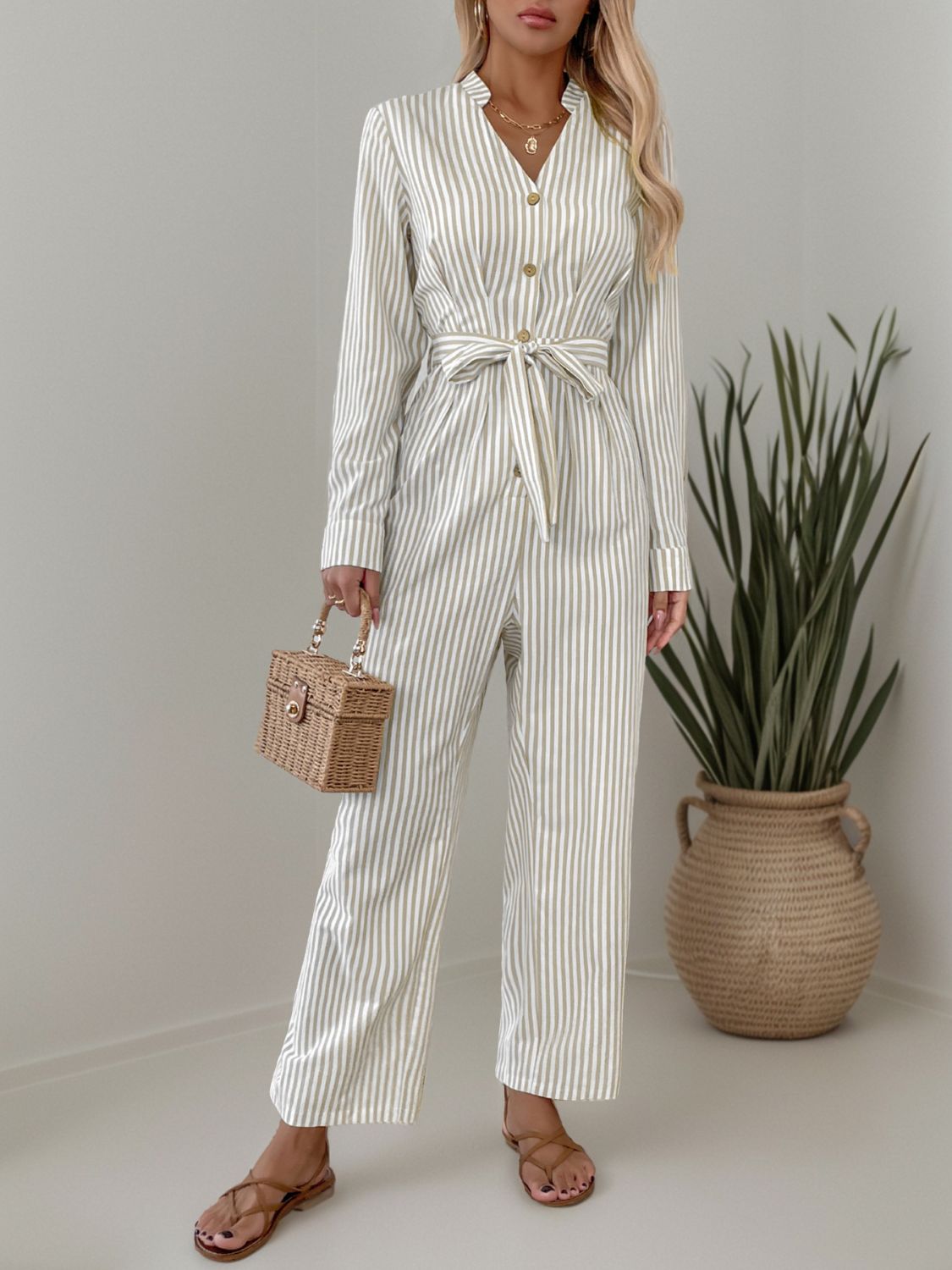 Sunset Vacation Striped Notched Long Sleeve Tie Waist Jumpsuit Sunset and Swim   