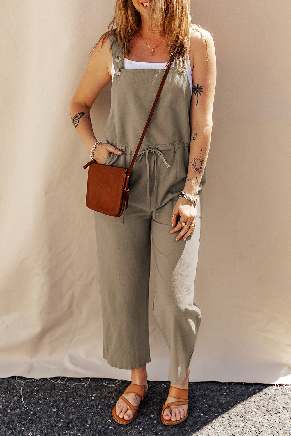 Drawstring Wide Strap Overalls with Pockets Sunset and Swim Khaki S 