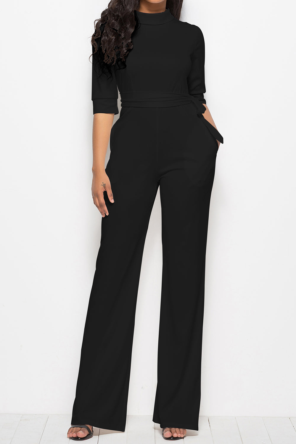 Mock Neck Tie-Waist Half Sleeve Jumpsuit Sunset and Swim Black S 