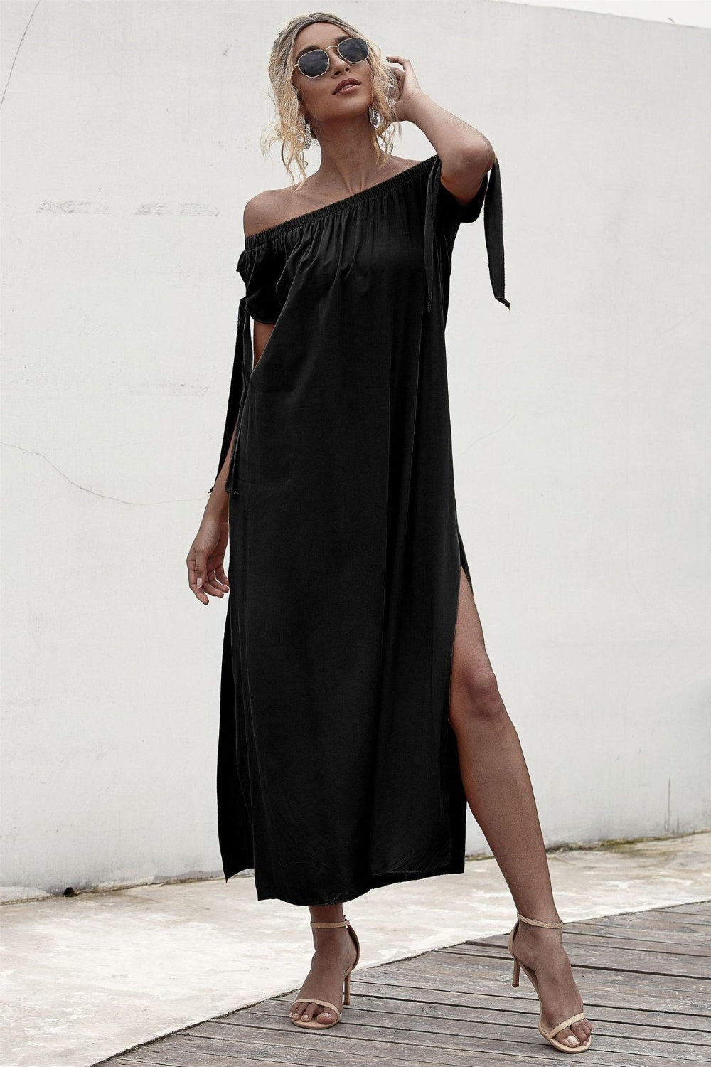 Slit Off Shoulder Short Sleeve Midi Dress Sunset and Swim Black S 